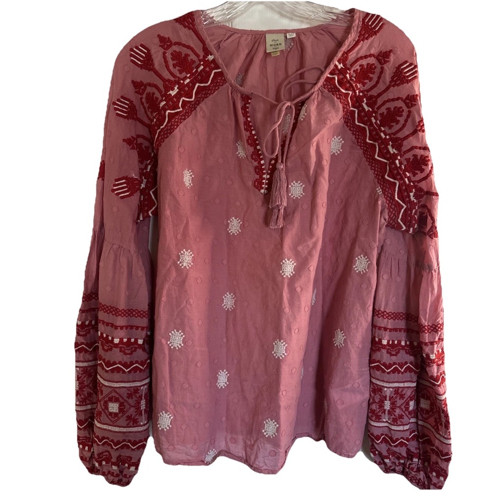 EUC $148 Anthropologie Seen Worn Kept Embroidered Pink Peasant Blouse Top Sz‎ 12